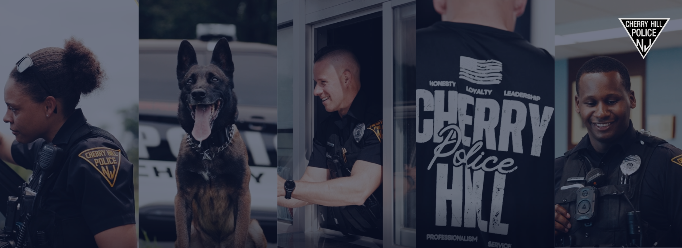 5 photo collage of officers and dog